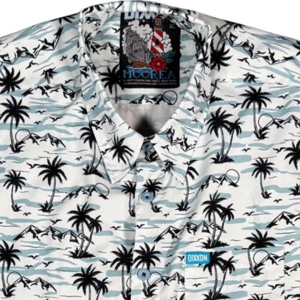 Dixxon Flannel Co Moorea Mens XL White Tropical Palm Tree Short Sleeve Shirt